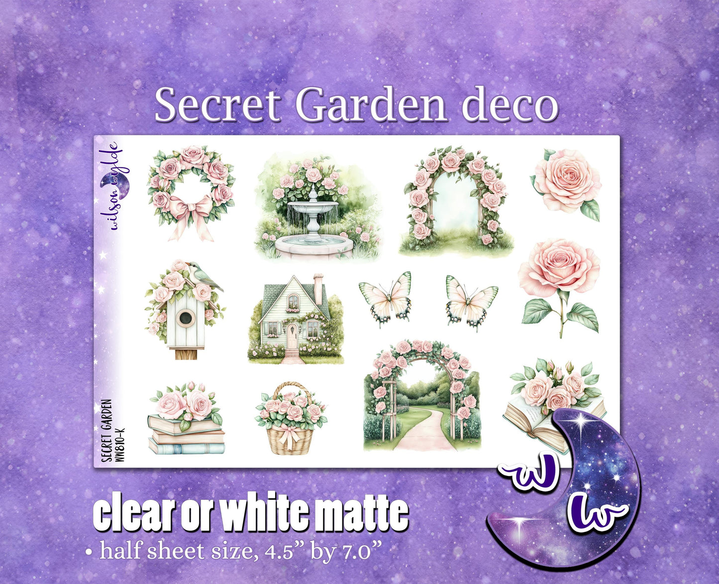 Secret Garden deco planner stickers, Matte or frosted clear. rose garden, spring floral WW810