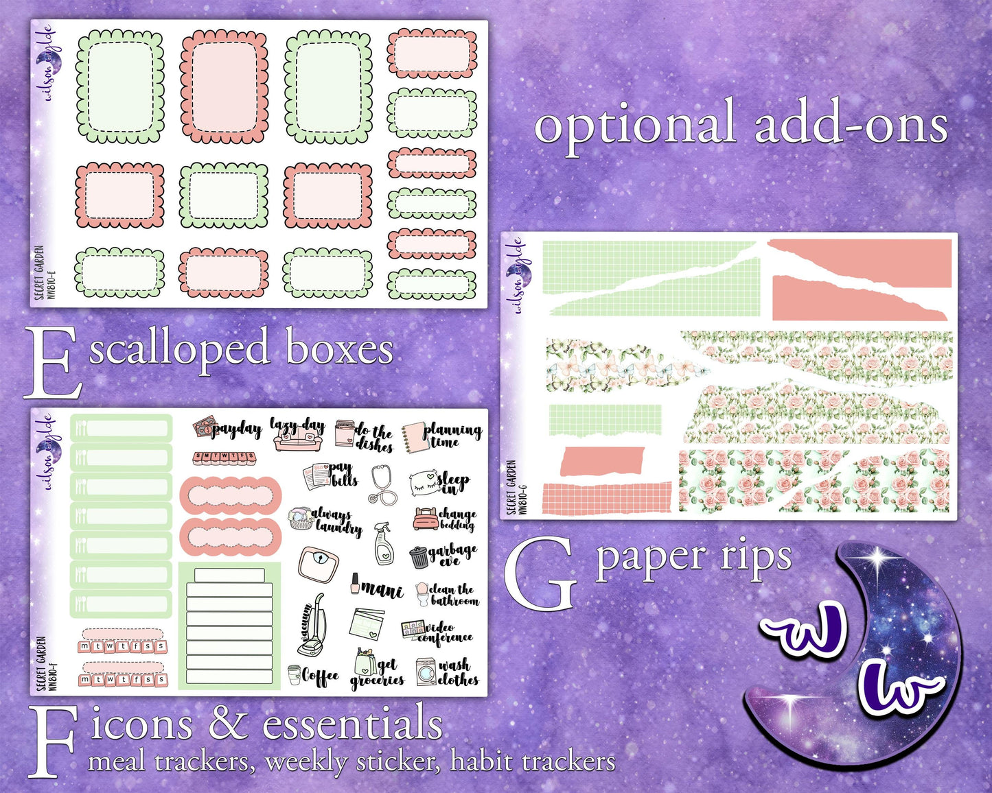 Secret Garden weekly sticker kit, STANDARD VERTICAL format, rose garden, spring floral, a la carte and bundle options. WW810
