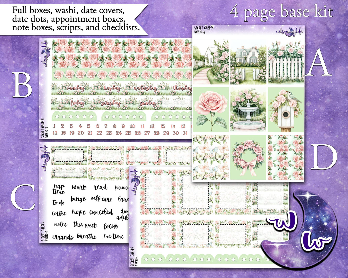 Secret Garden weekly sticker kit, HOBONICHI COUSIN format, rose garden, spring floral, a la carte and bundle options. WW798