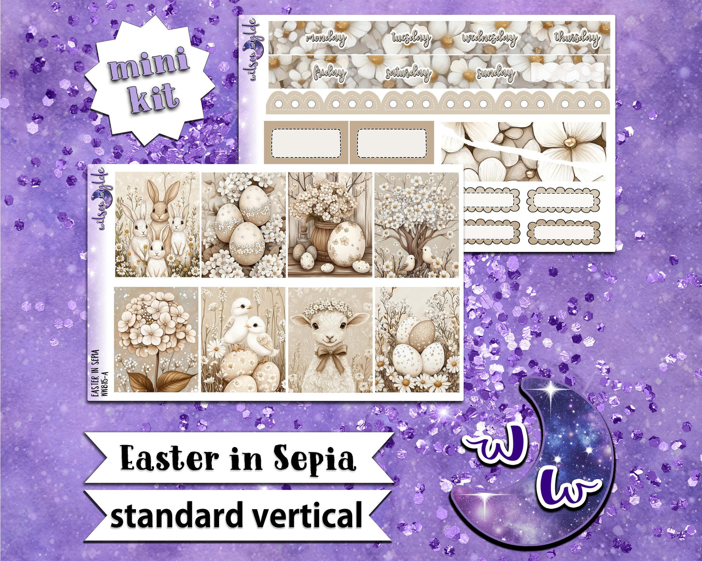 Easter in Sepia mini weekly sticker kit, STANDARD VERTICAL format, a la carte and bundle options. WW815