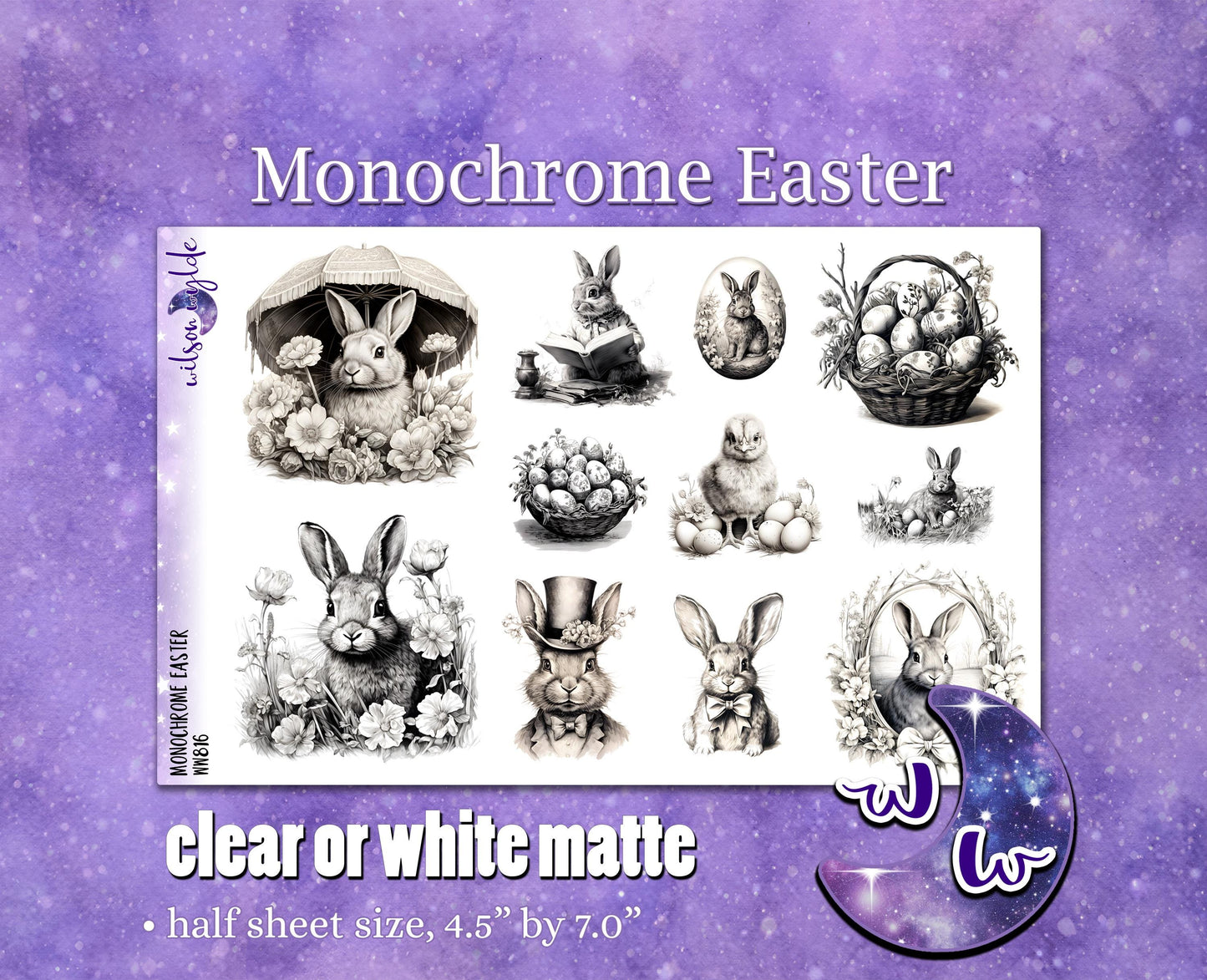Monochrome Easter deco planner stickers, Matte or frosted clear. WW816