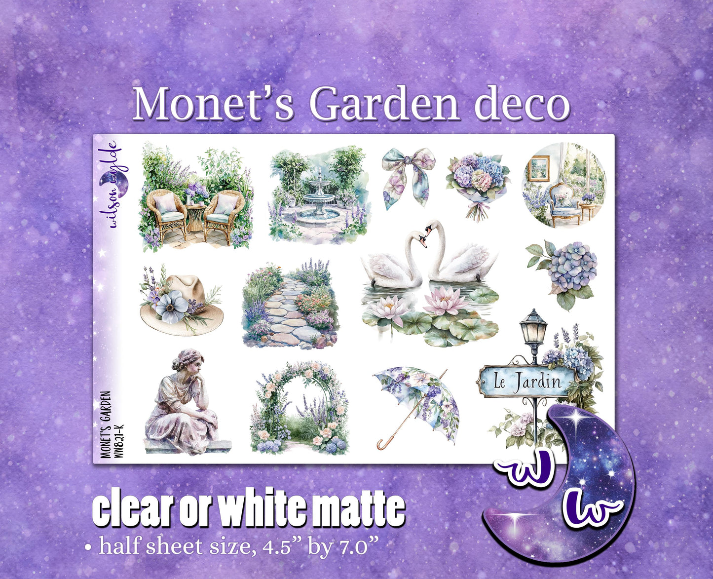 Monet's Garden deco planner stickers, Matte or frosted clear. WW821