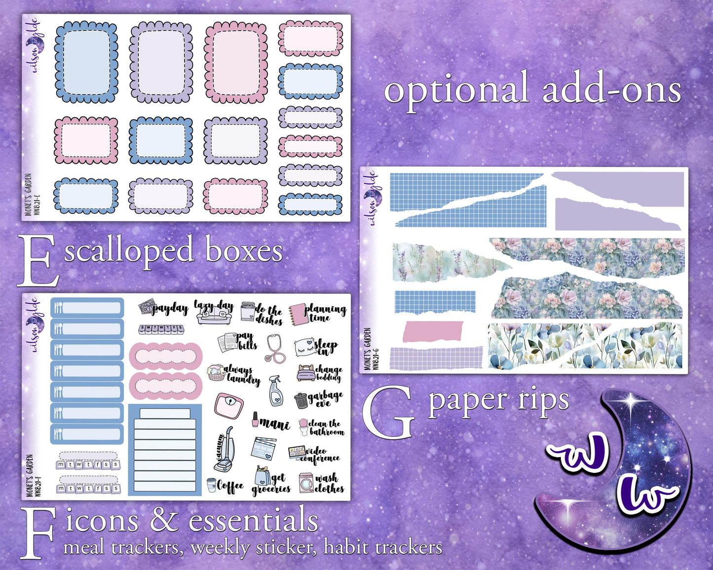 Monet's Garden weekly sticker kit, HOBONICHI COUSIN format, music concert, a la carte and bundle options. WW821