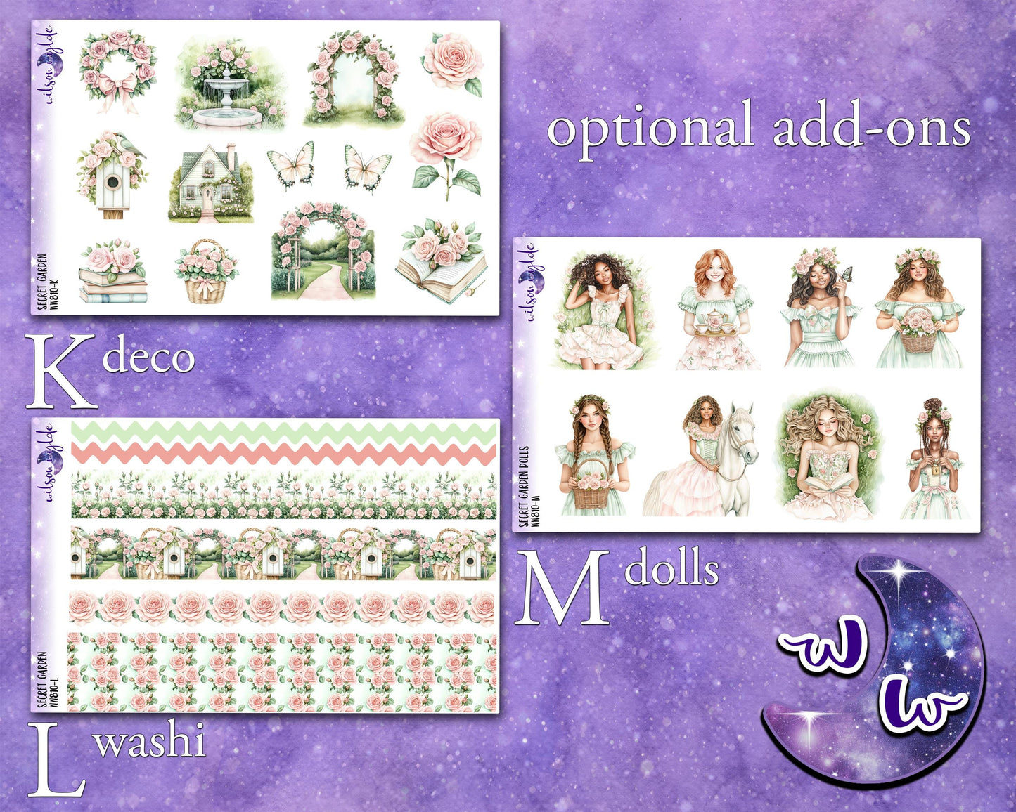 Secret Garden weekly sticker kit, STANDARD VERTICAL format, rose garden, spring floral, a la carte and bundle options. WW810
