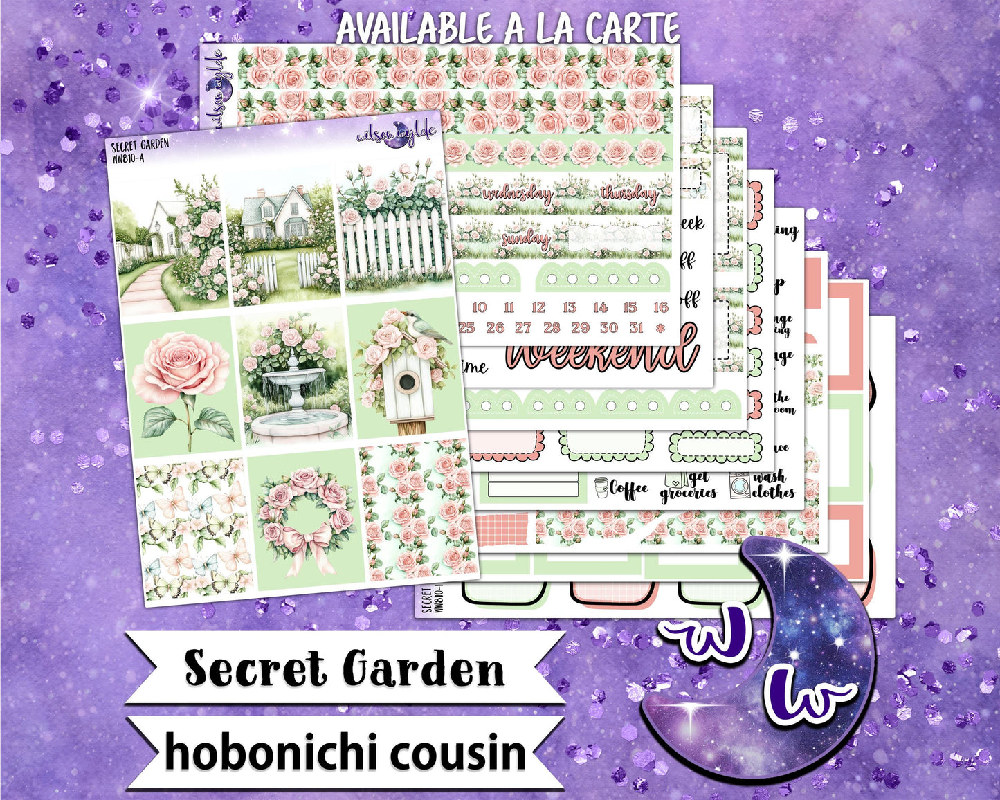 Secret Garden weekly sticker kit, HOBONICHI COUSIN format, rose garden, spring floral, a la carte and bundle options. WW798