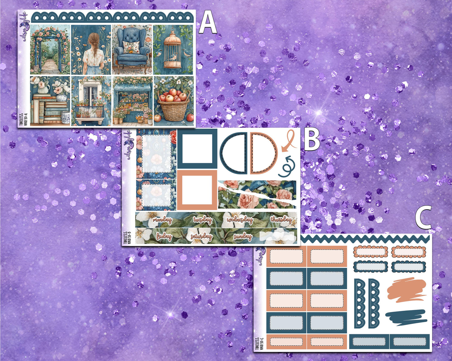 Timeless mini weekly sticker kit, STANDARD VERTICAL format, a la carte and bundle options. WW831