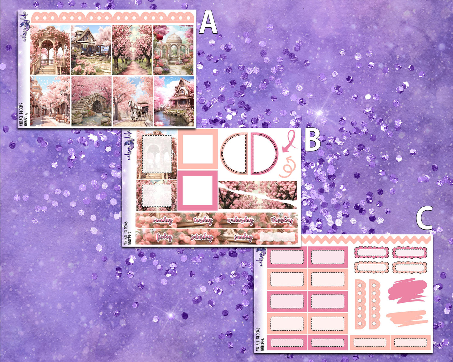 Vintage Blooms mini weekly sticker kit, STANDARD VERTICAL format, a la carte and bundle options. WW834