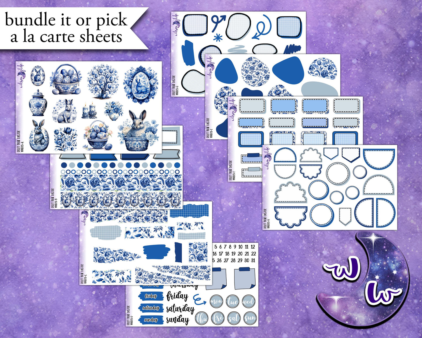 Delft Blue Easter journaling sticker kit, a la carte and bundle options. WW813