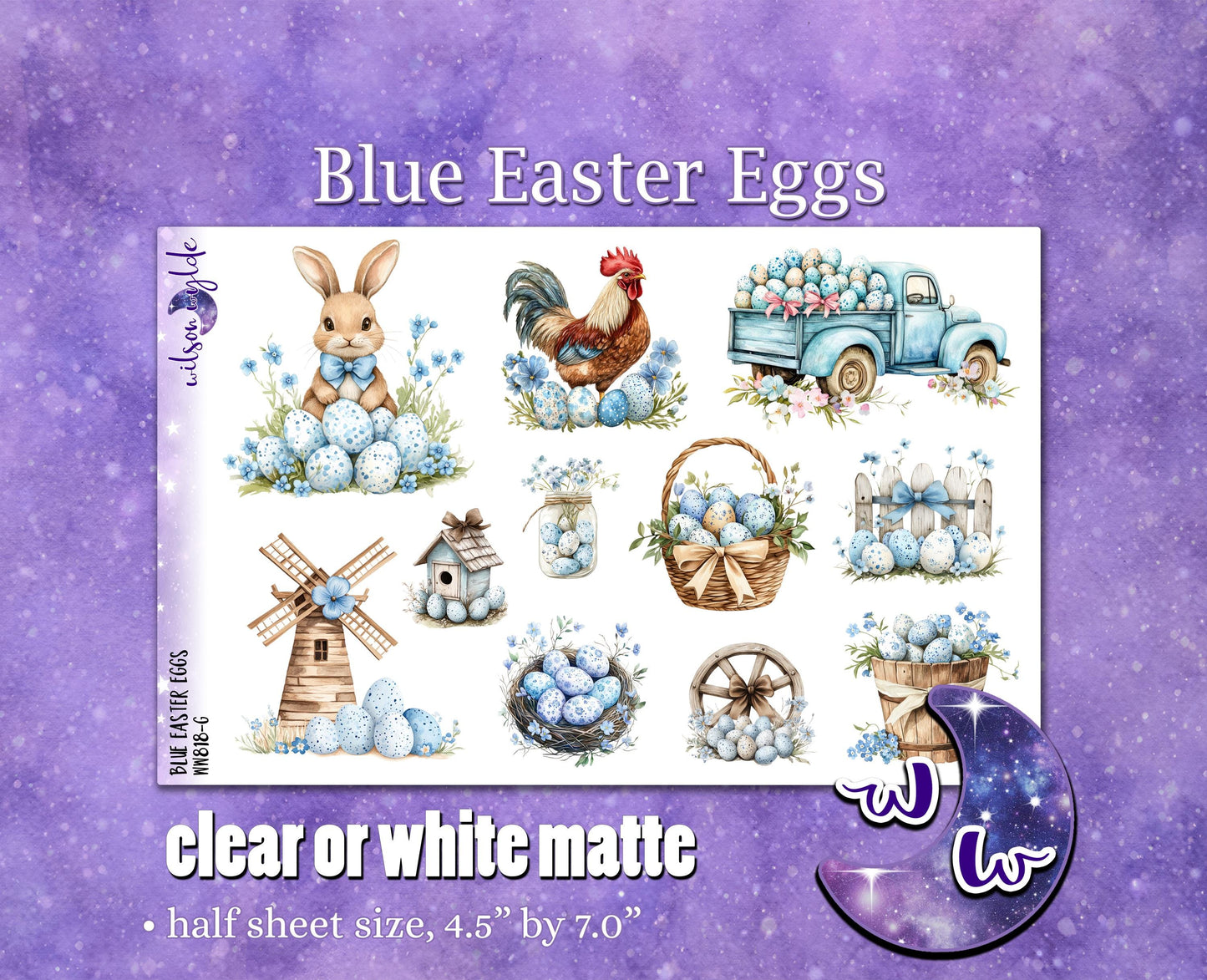 Blue Easter Eggs deco planner stickers, Matte or frosted clear. WW818