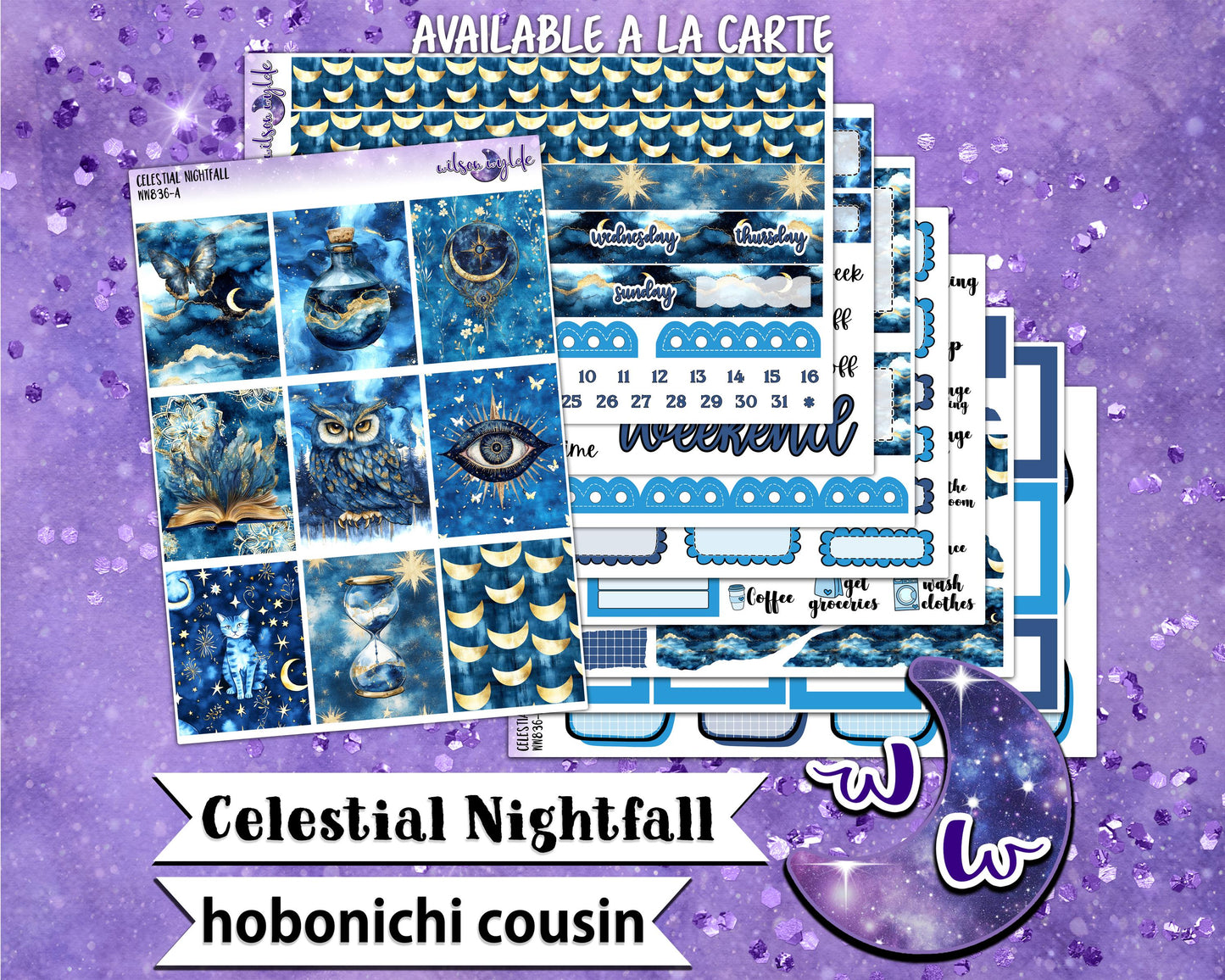 Celestial Nightfall weekly sticker kit, HOBONICHI COUSIN format, a la carte and bundle options. WW836