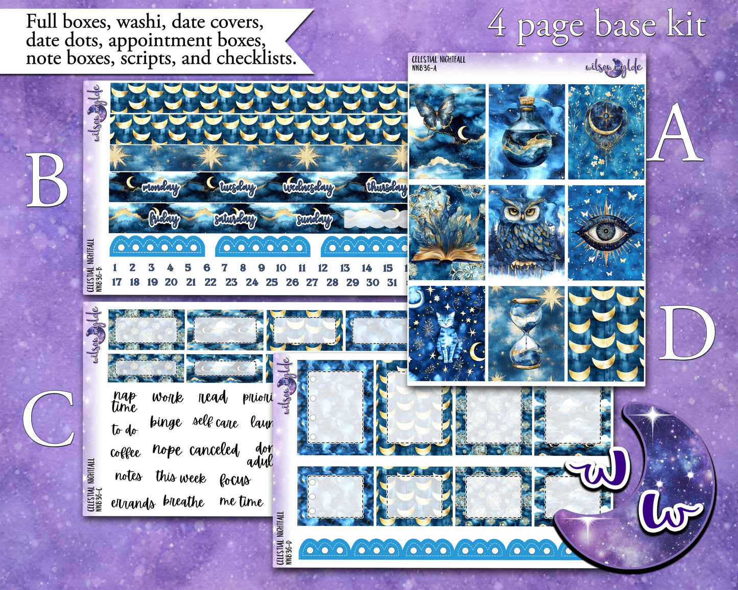 Celestial Nightfall weekly sticker kit, HOBONICHI COUSIN format, a la carte and bundle options. WW836