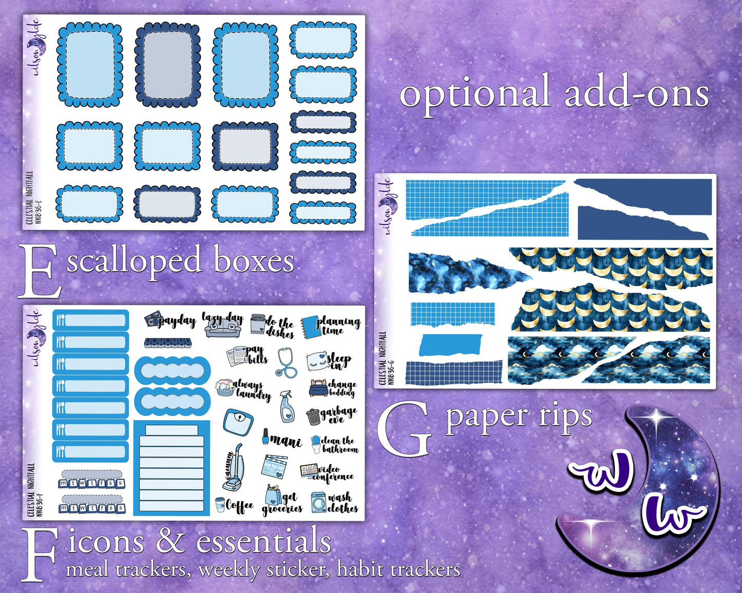 Celestial Nightfall weekly sticker kit, HOBONICHI COUSIN format, a la carte and bundle options. WW836