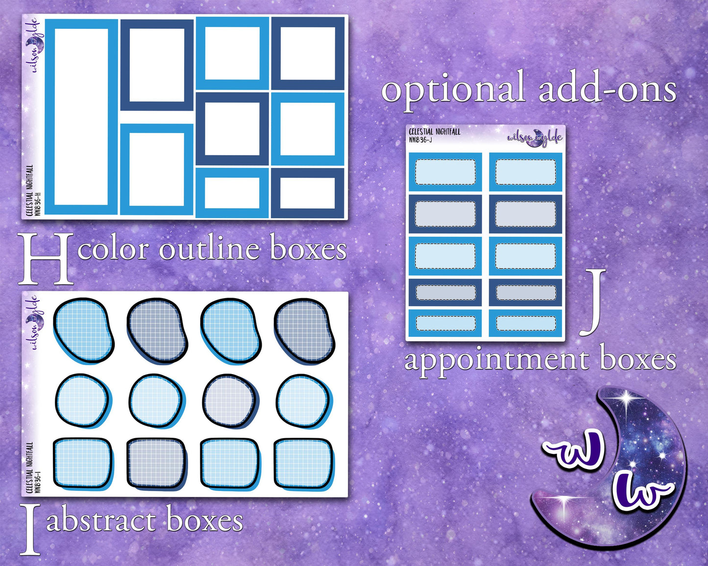 Celestial Nightfall weekly sticker kit, HOBONICHI COUSIN format, a la carte and bundle options. WW836