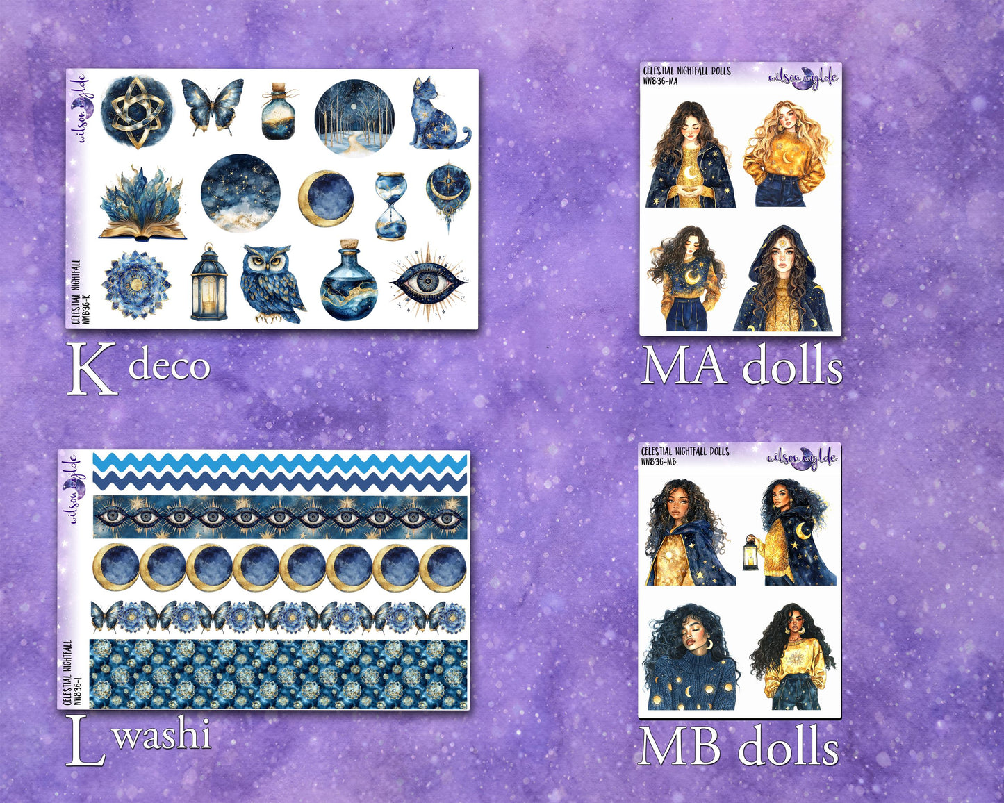 Celestial Nightfall weekly sticker kit, HOBONICHI COUSIN format, a la carte and bundle options. WW836