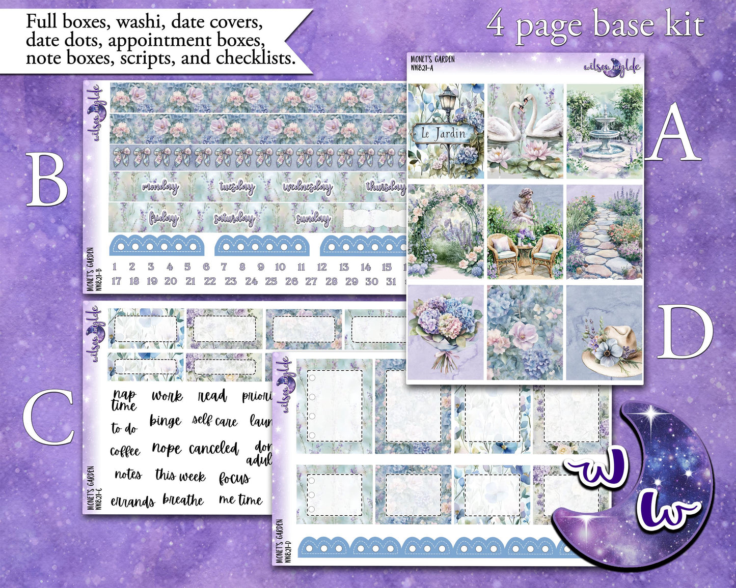 Monet's Garden weekly sticker kit, STANDARD VERTICAL format, a la carte and bundle options. WW821