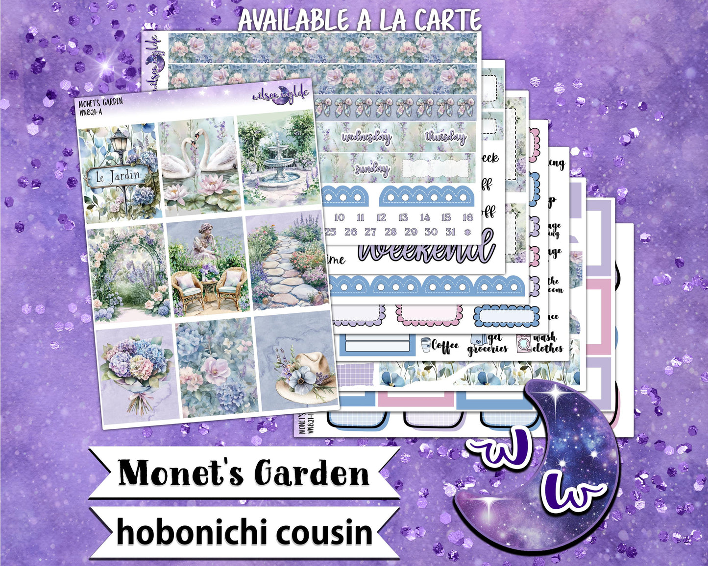 Monet's Garden weekly sticker kit, HOBONICHI COUSIN format, music concert, a la carte and bundle options. WW821