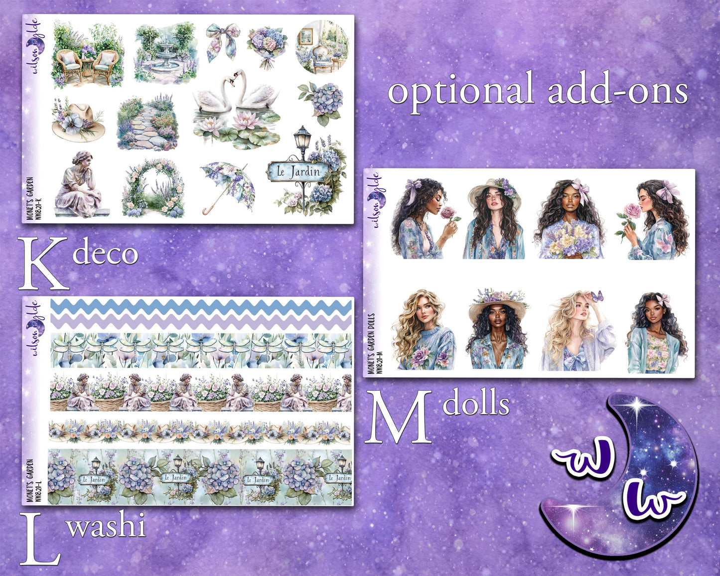 Monet's Garden weekly sticker kit, HOBONICHI COUSIN format, music concert, a la carte and bundle options. WW821
