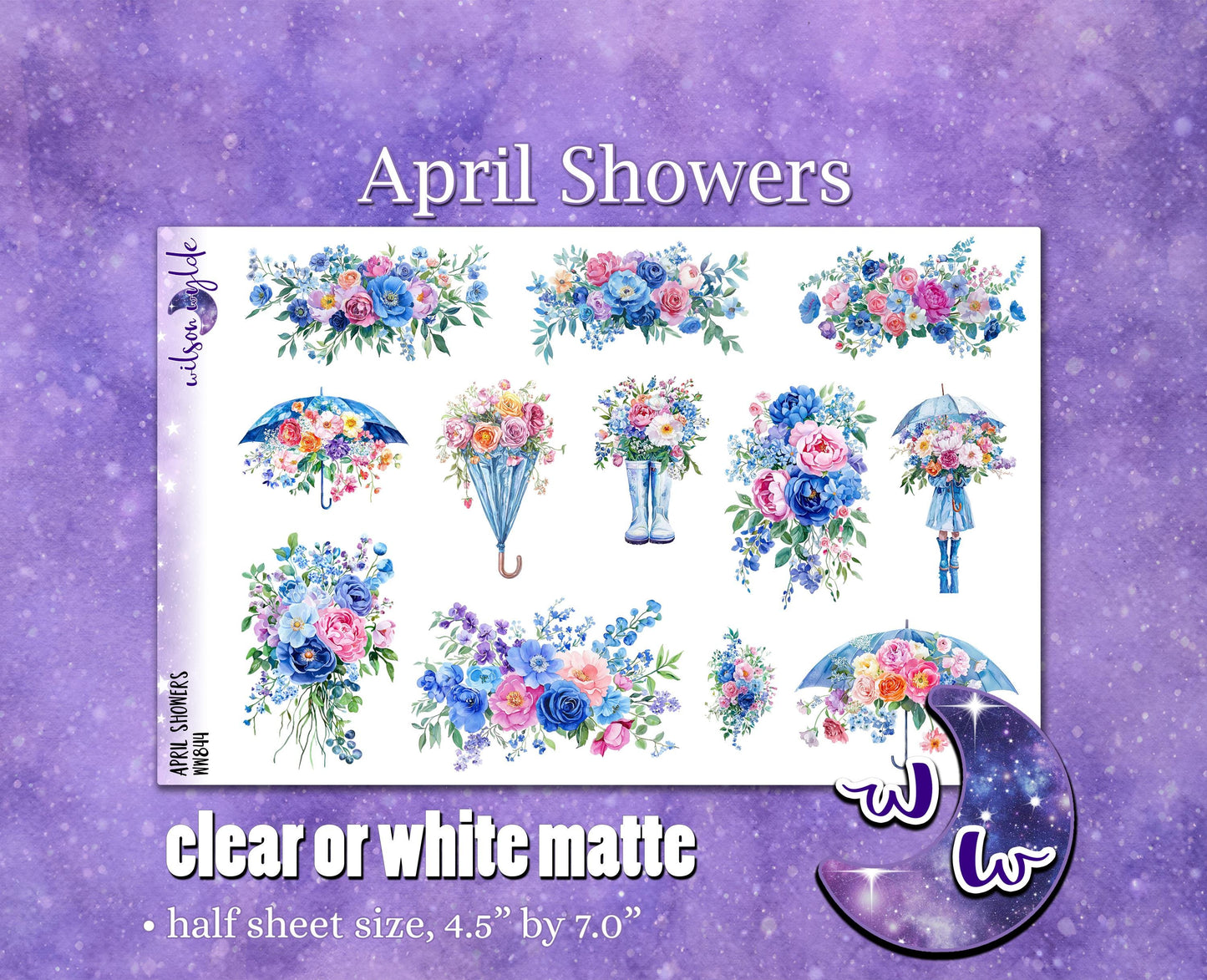 April Showers deco planner stickers, Matte or frosted clear. WW844