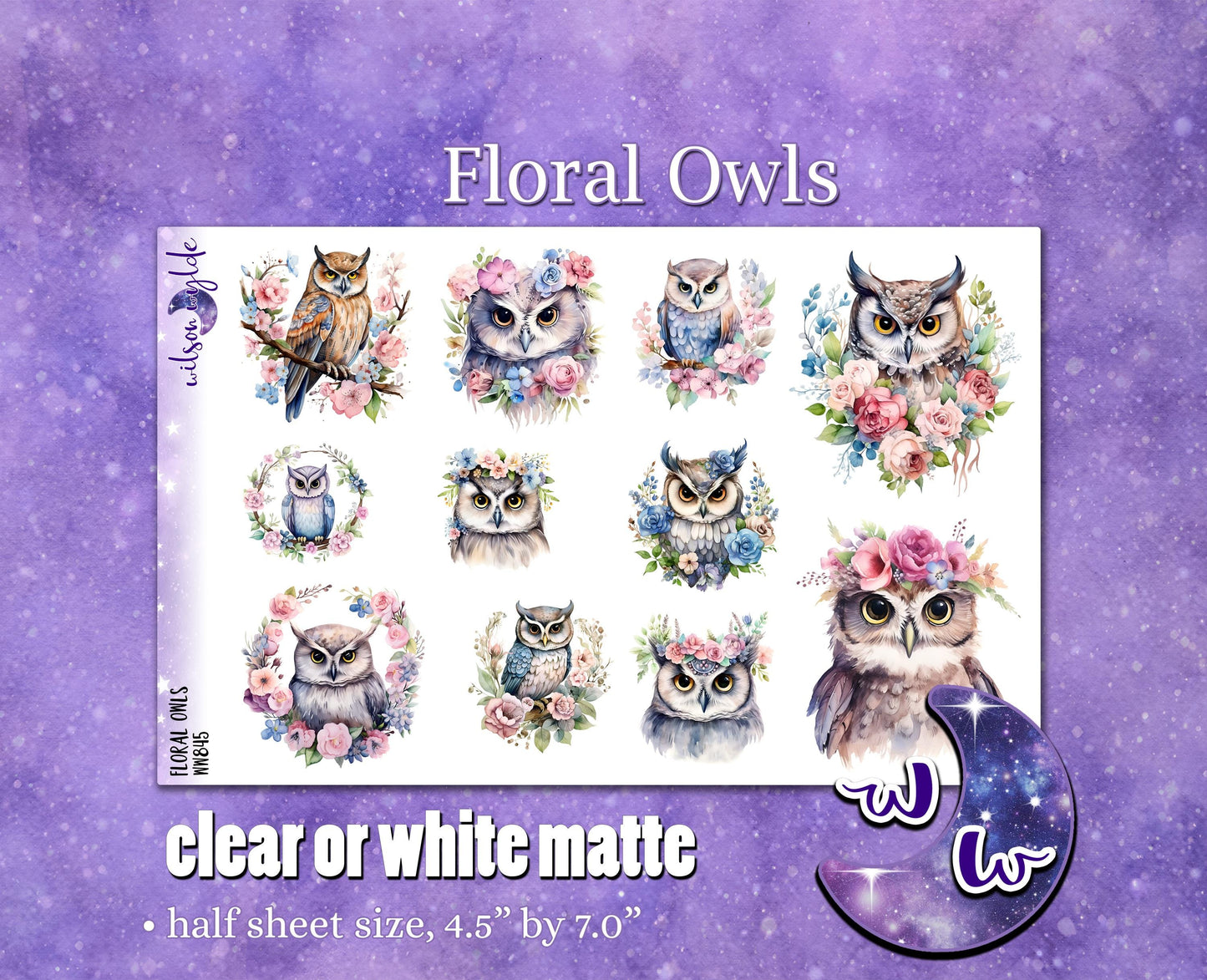 Floral Owls deco planner stickers, Matte or frosted clear. WW845