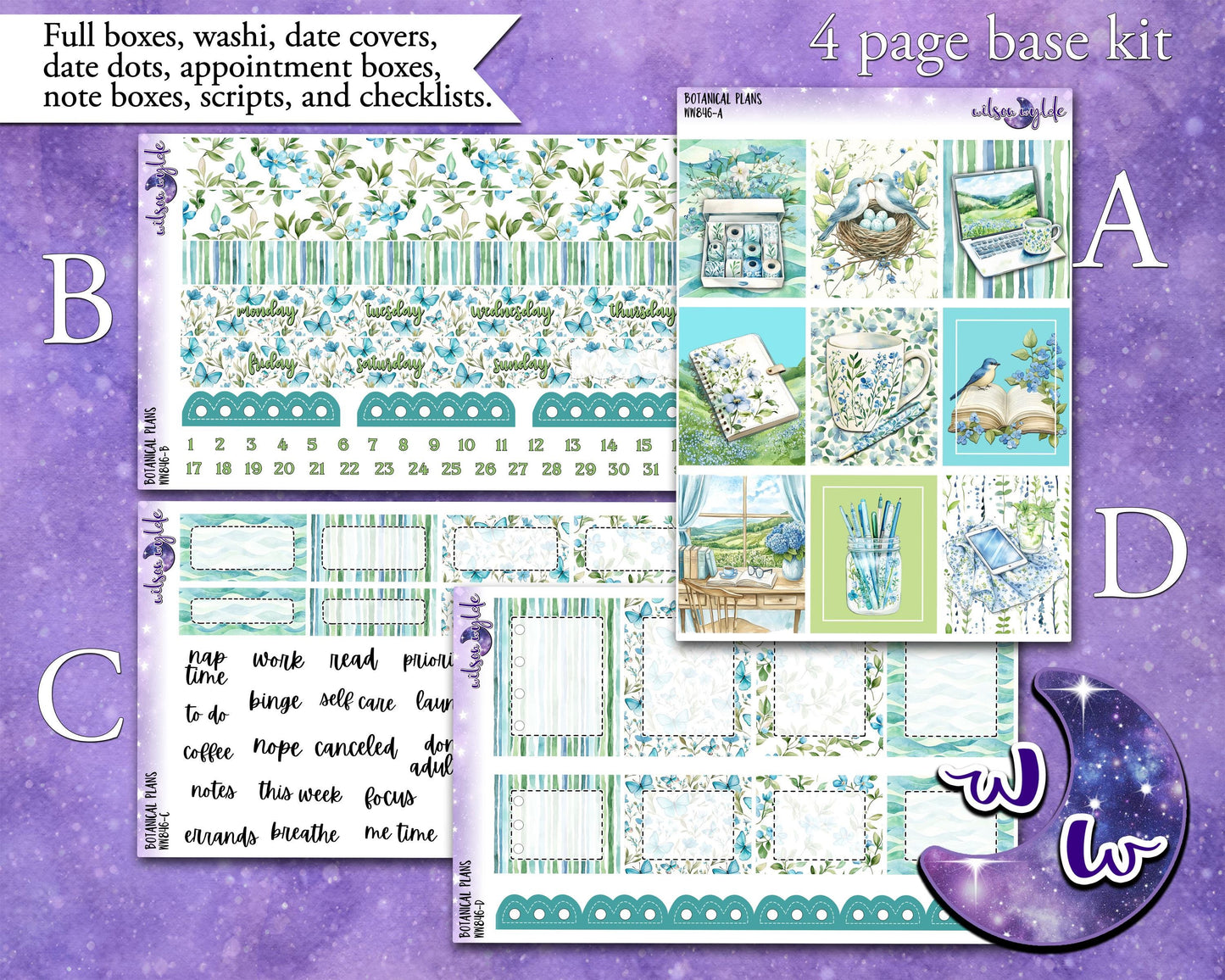 Botanical Plans weekly sticker kit, HOBONICHI COUSIN format, music concert, a la carte and bundle options. WW846