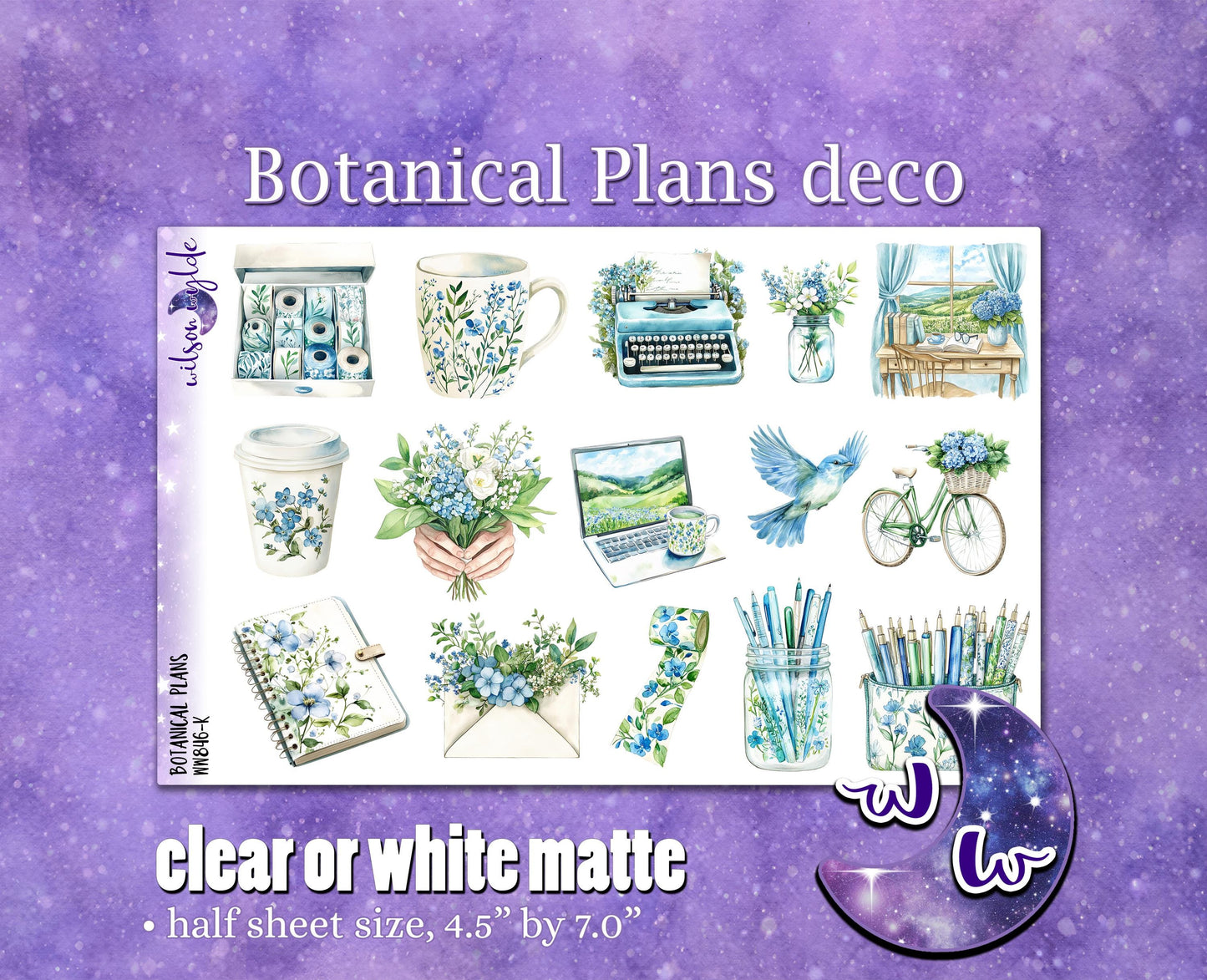 Botanical Plans deco planner stickers, Matte or frosted clear. WW846
