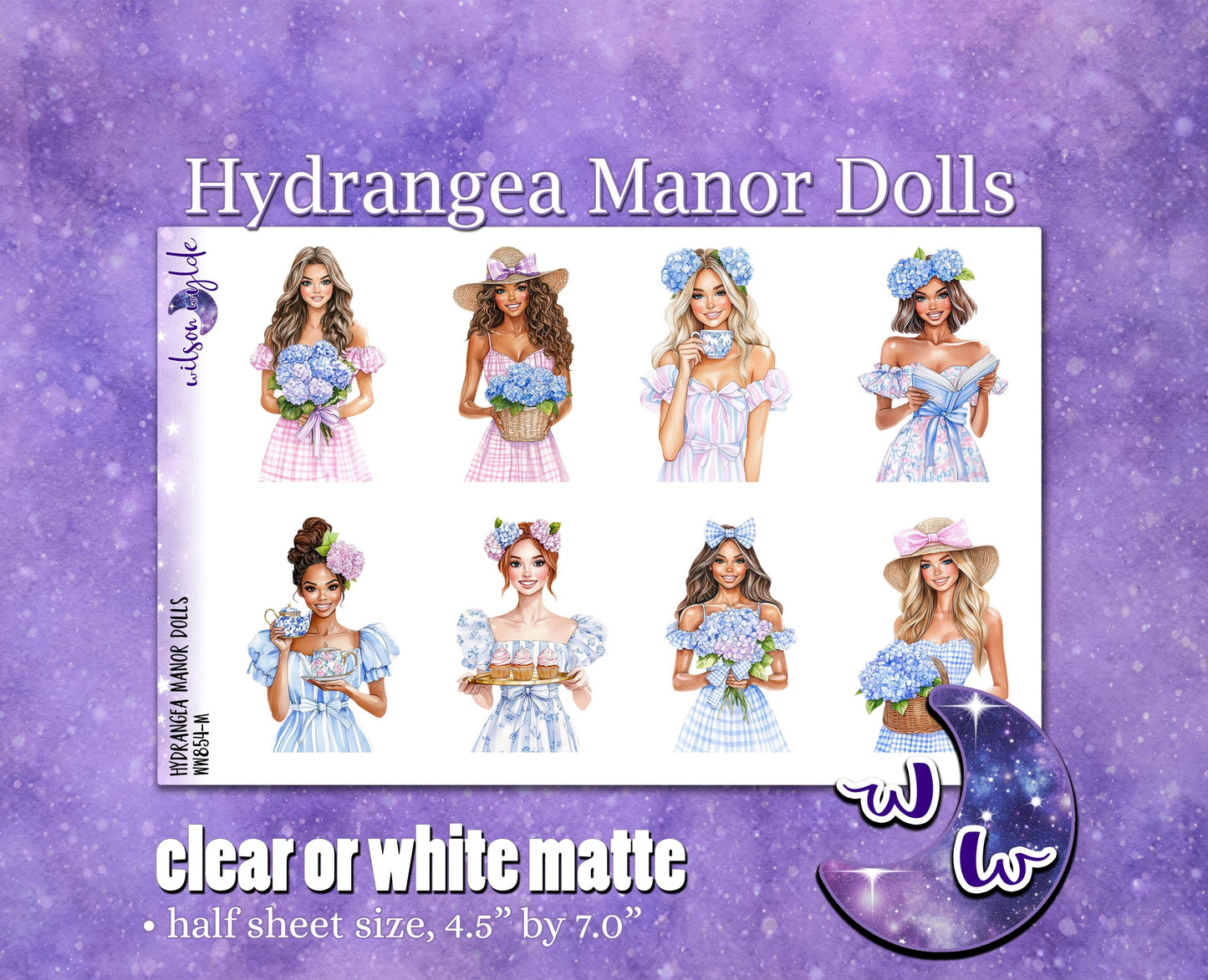 Hydrangea Manor dolls deco planner stickers, Matte or frosted clear. WW854