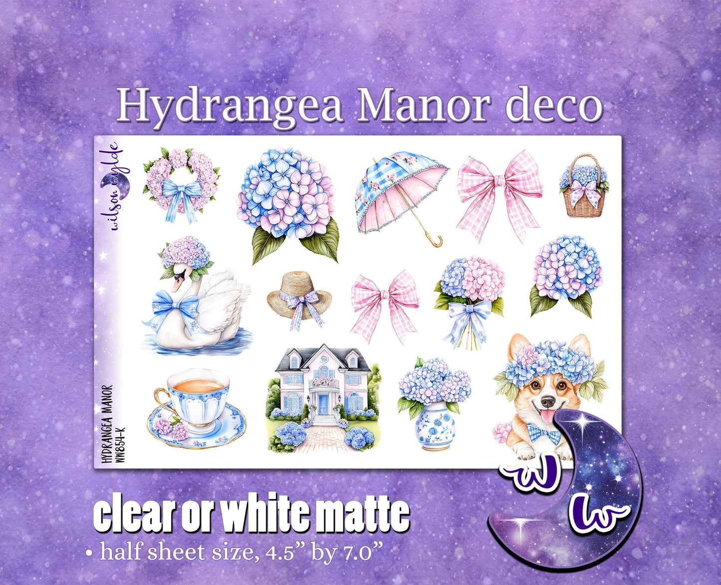 Hydrangea Manor deco planner stickers, Matte or frosted clear. WW854