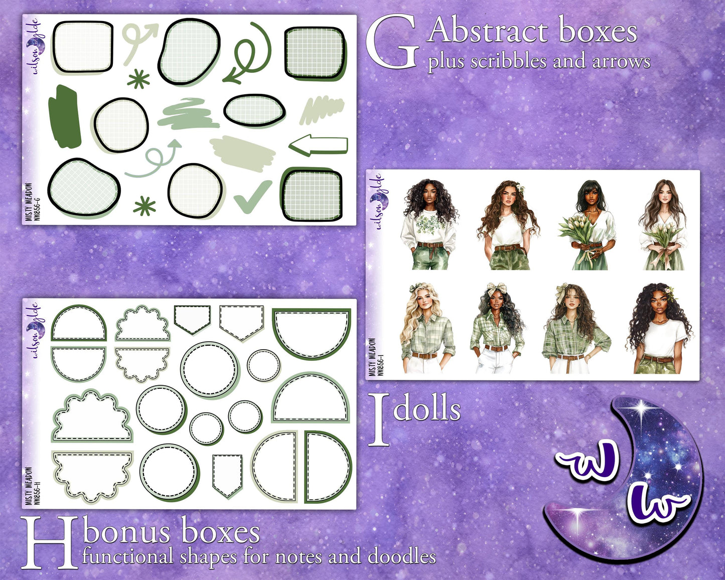 Misty Meadow journaling sticker kit, a la carte and bundle options. WW856