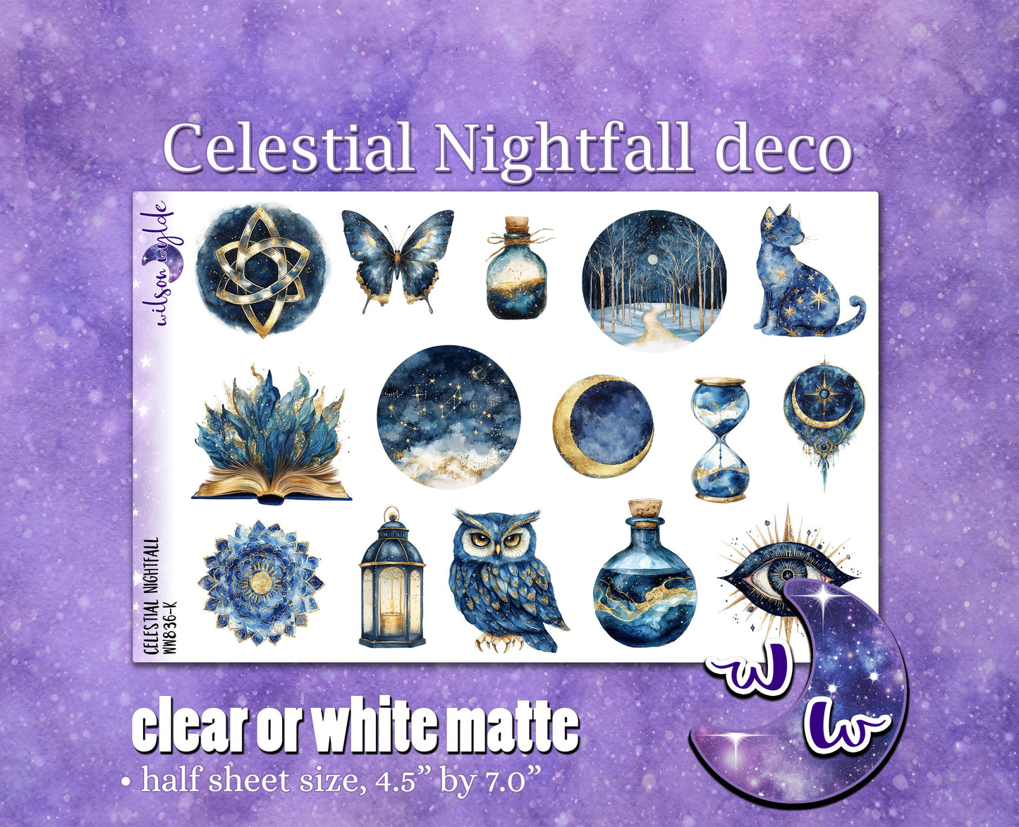 Celestial Nightfall deco planner stickers, Matte or frosted clear. WW836