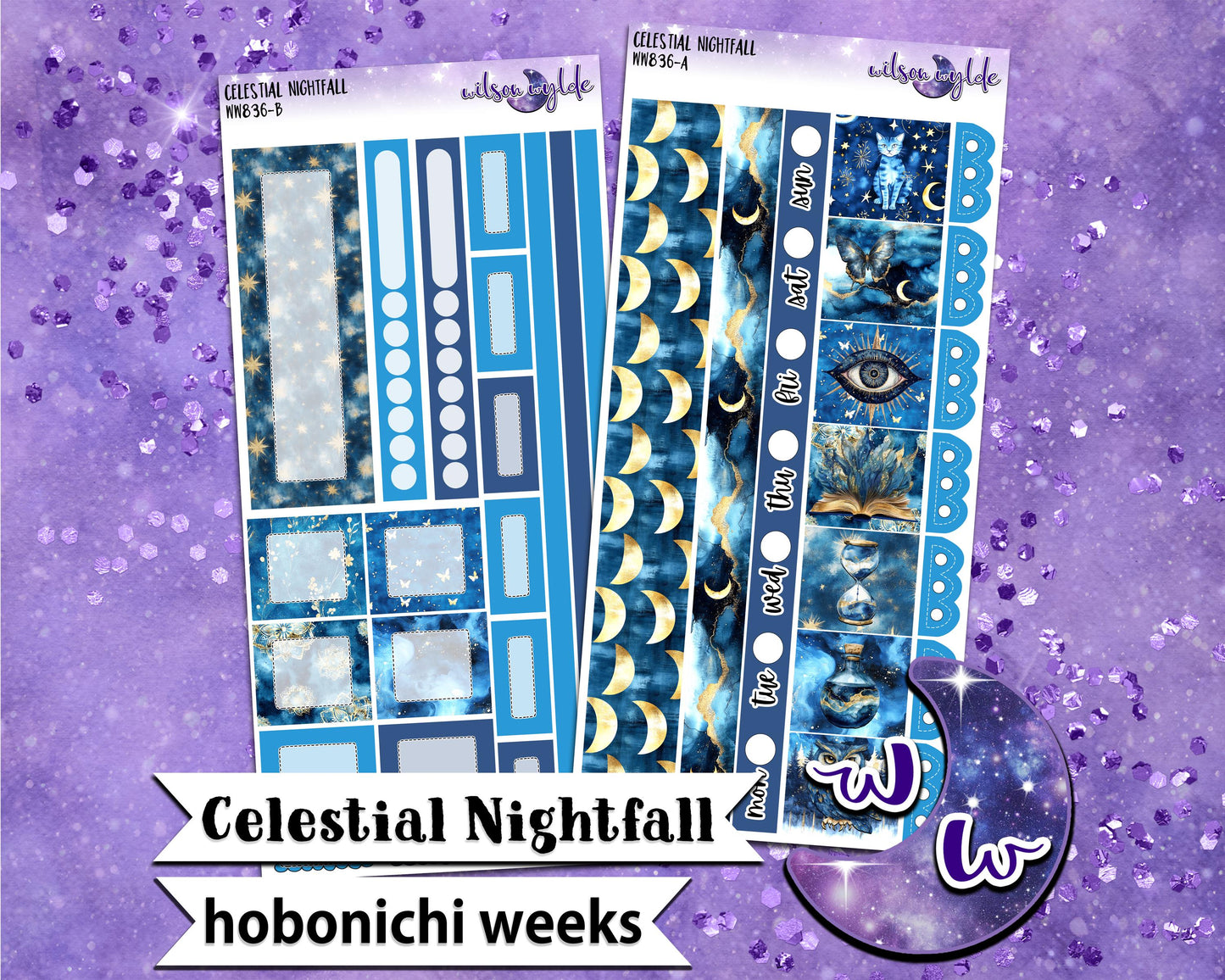 Celestial Nightfall weekly sticker kit, HOBONICHI WEEKS format, a la carte and bundle options. WW836