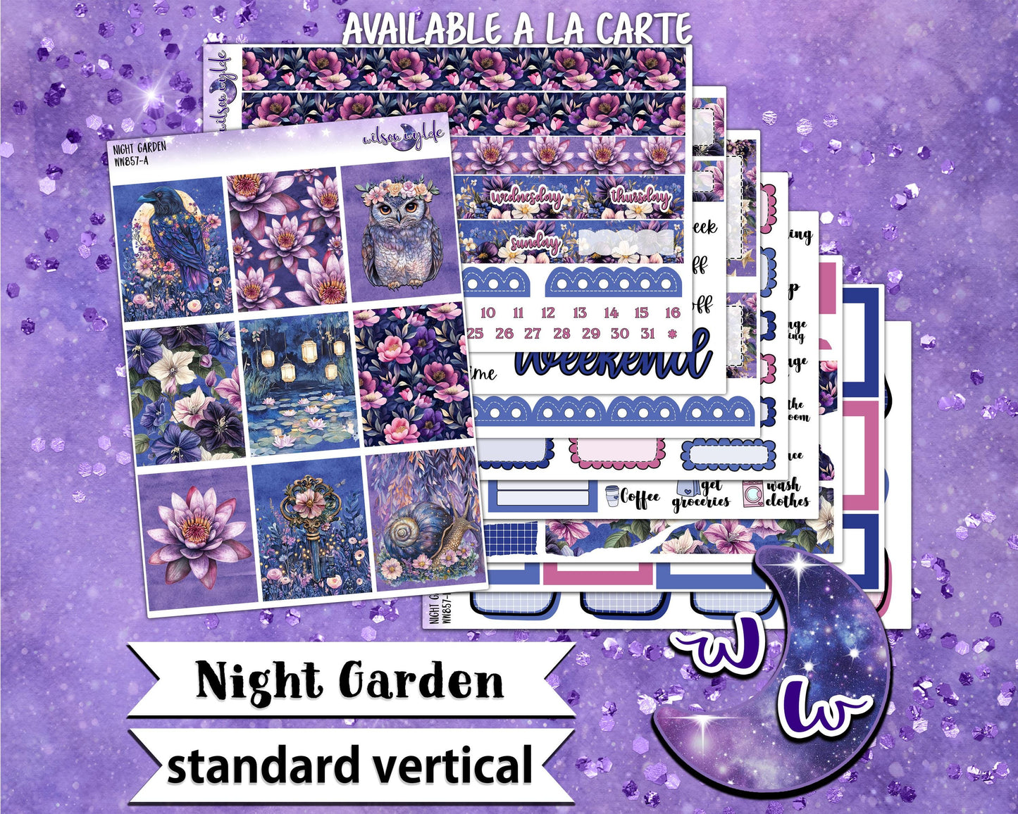 Night Garden weekly sticker kit, STANDARD VERTICAL format, a la carte and bundle options. WW857