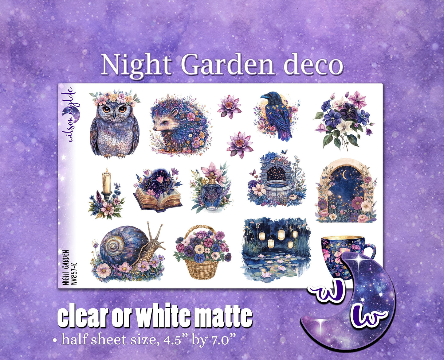Night Garden deco planner stickers, Matte or frosted clear. WW857