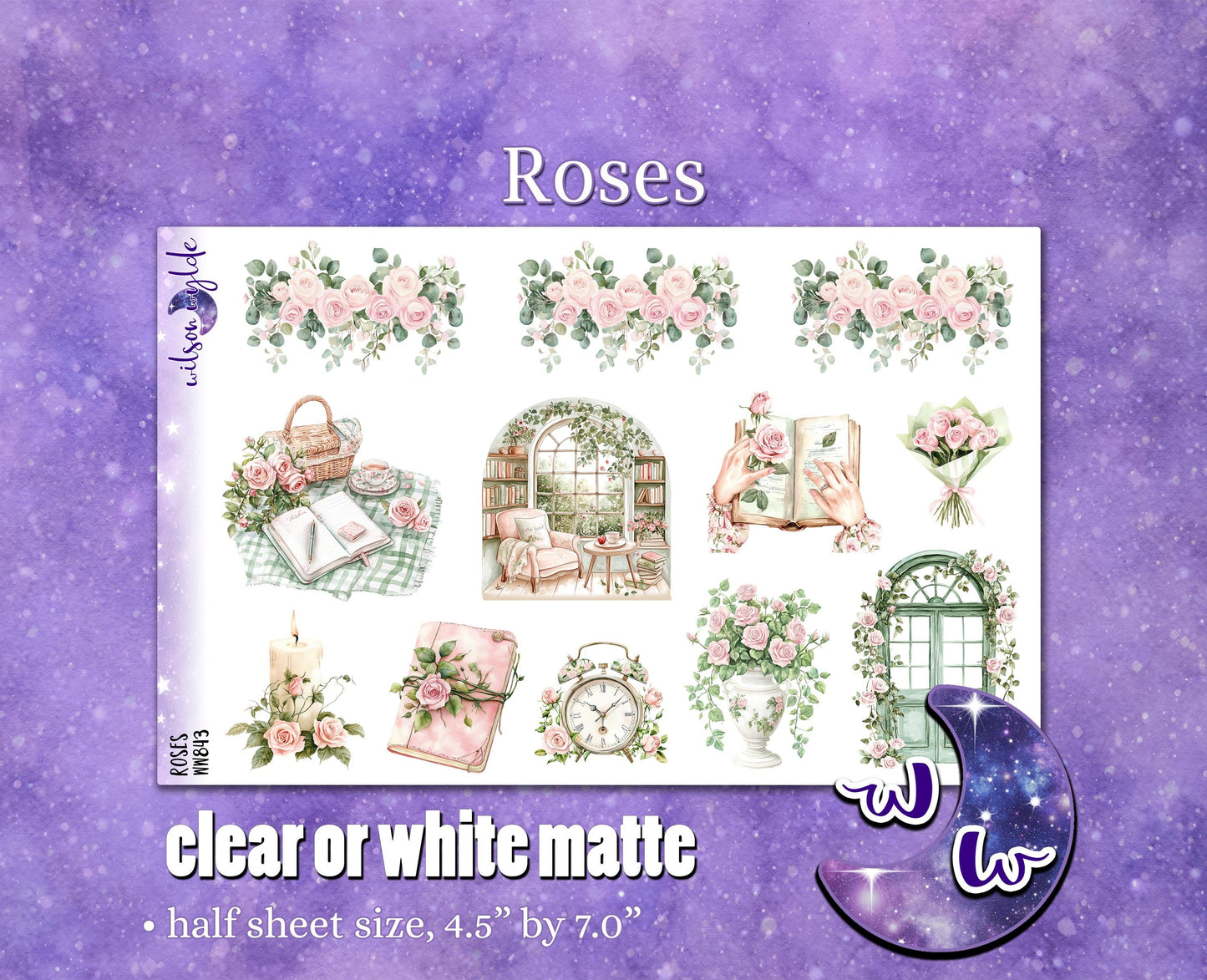 Roses deco planner stickers, Matte or frosted clear. WW843