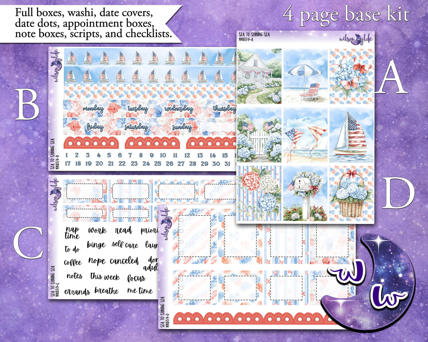 Sea to Shining Sea weekly sticker kit, HOBONICHI COUSIN format, a la carte & bundle options. Patriotic Memorial Independence Day July, WW857