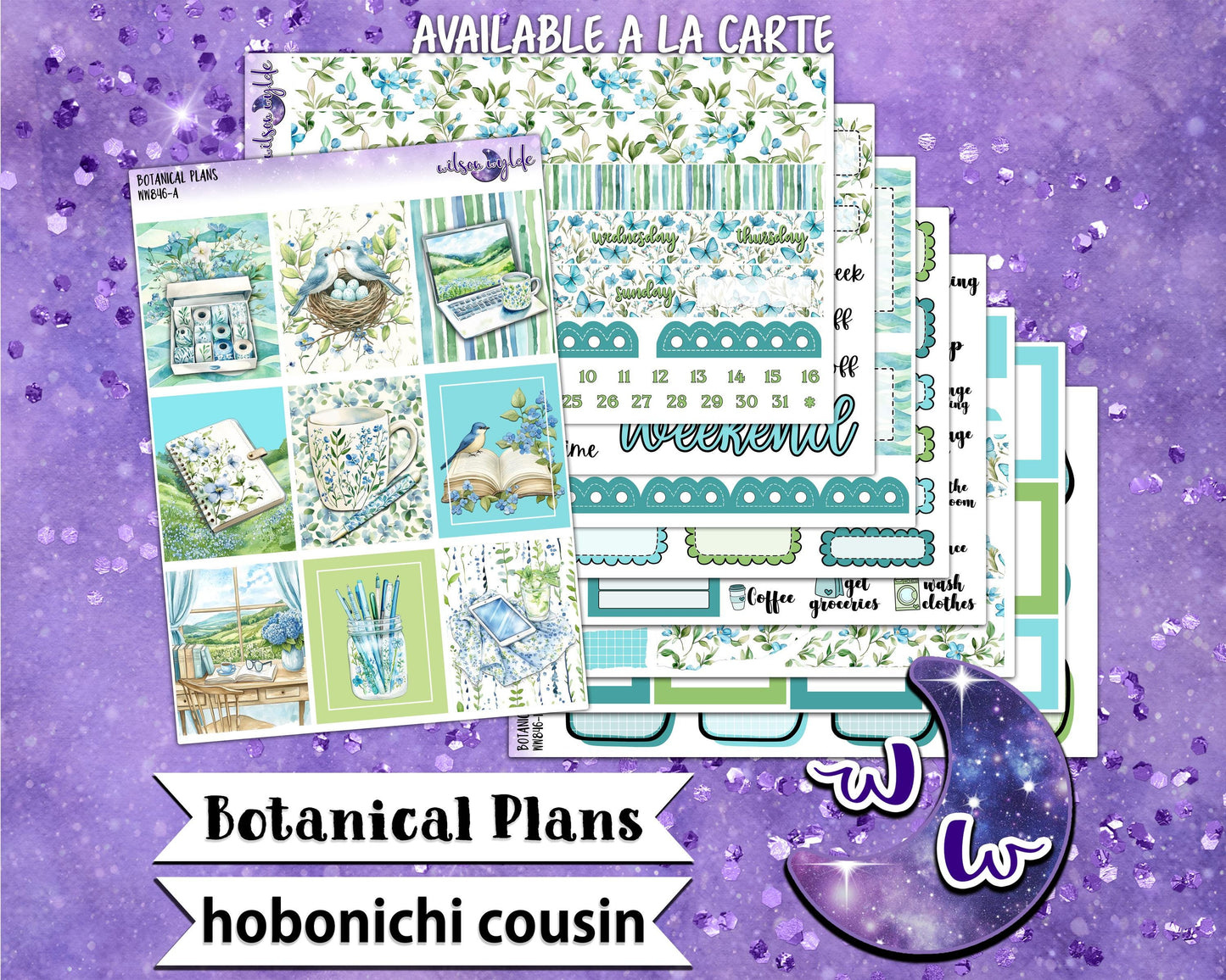Botanical Plans weekly sticker kit, HOBONICHI COUSIN format, music concert, a la carte and bundle options. WW846