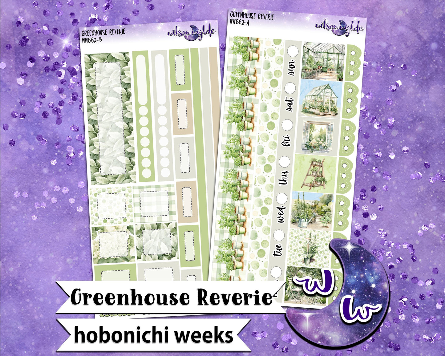 Greenhouse Reverie weekly sticker kit, HOBONICHI WEEKS format, a la carte & bundle options. Gardening, green thumb WW862