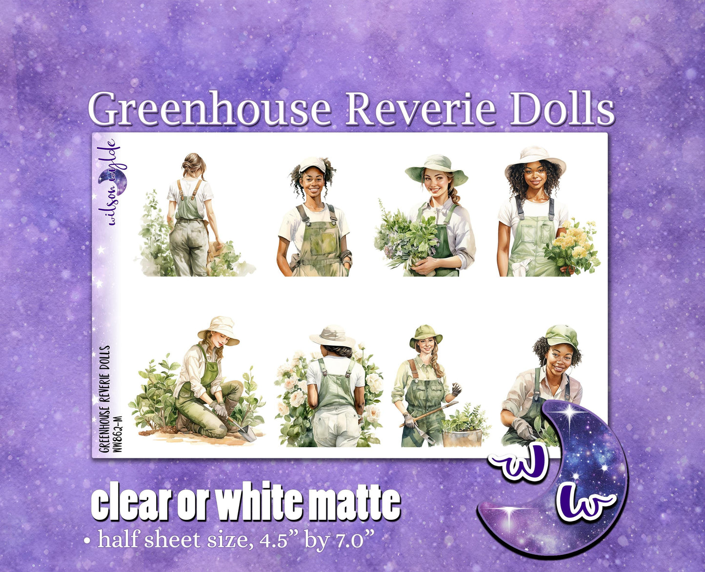 Greenhouse Reverie dolls deco planner stickers, Matte or frosted clear. Gardening, green thumb WW862