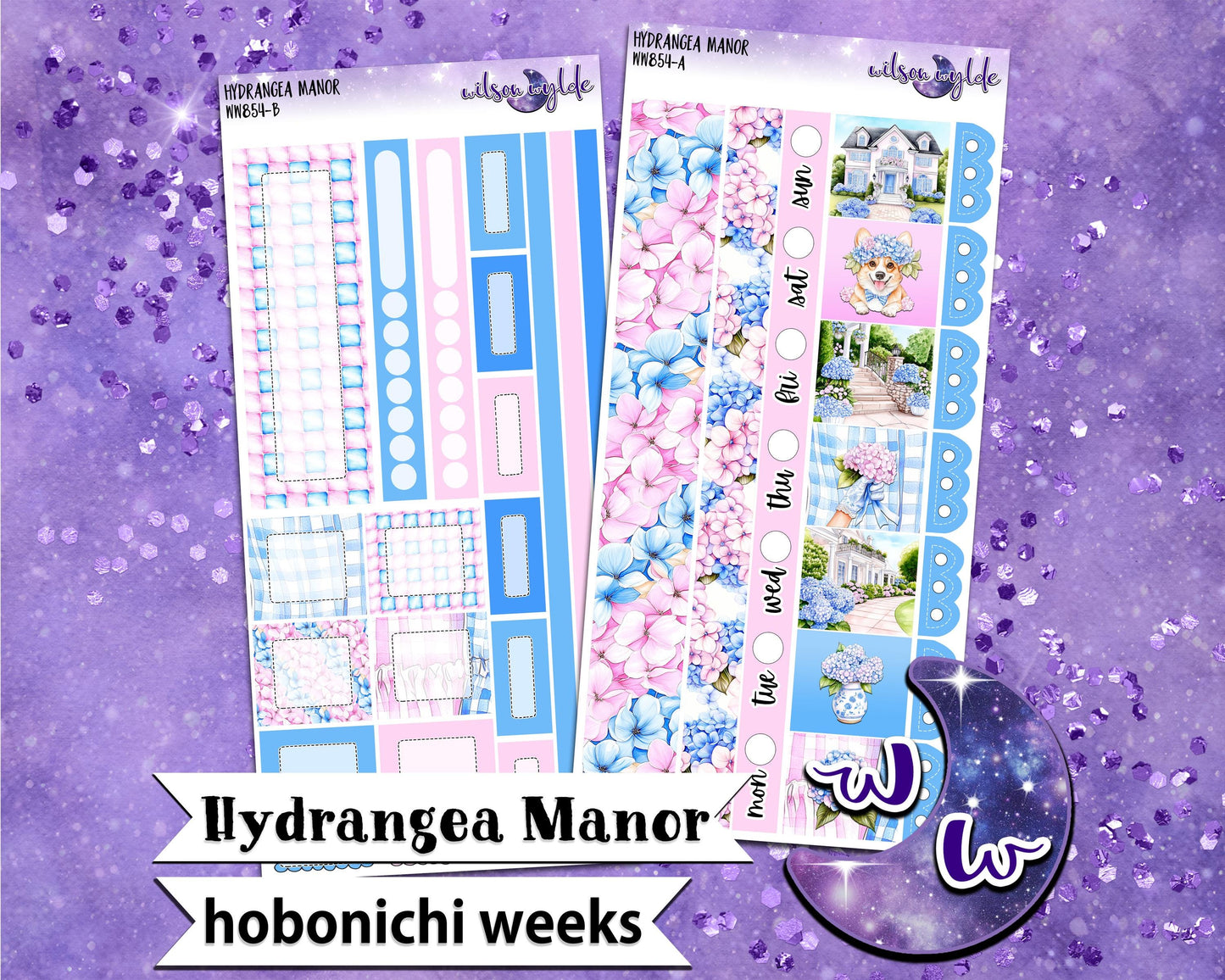 Hydrangea Manor weekly sticker kit, HOBONICHI WEEKS format, a la carte and bundle options. WW854