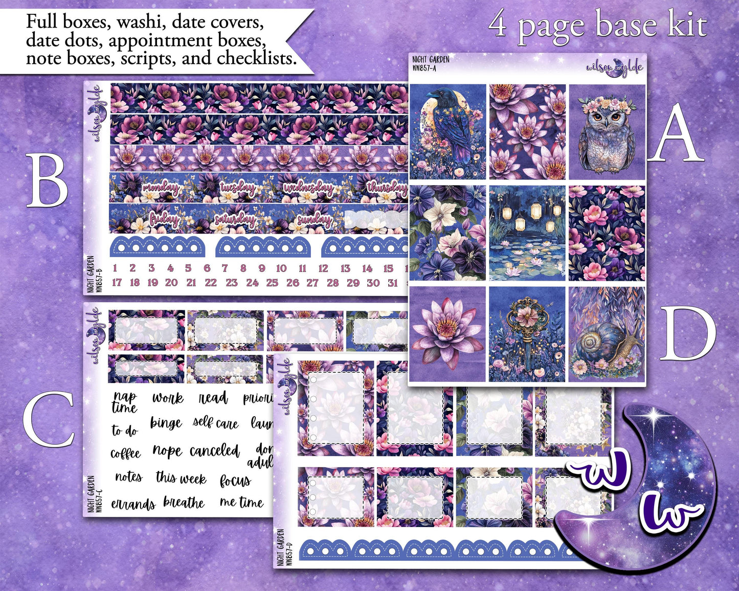 Night Garden weekly sticker kit, STANDARD VERTICAL format, a la carte and bundle options. WW857