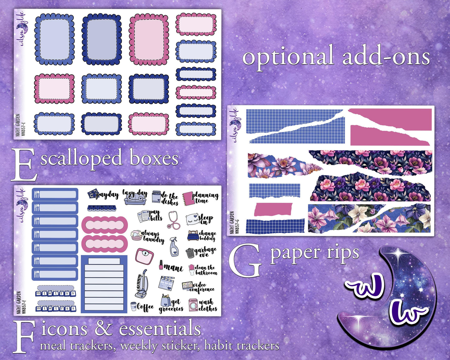 Night Garden weekly sticker kit, STANDARD VERTICAL format, a la carte and bundle options. WW857