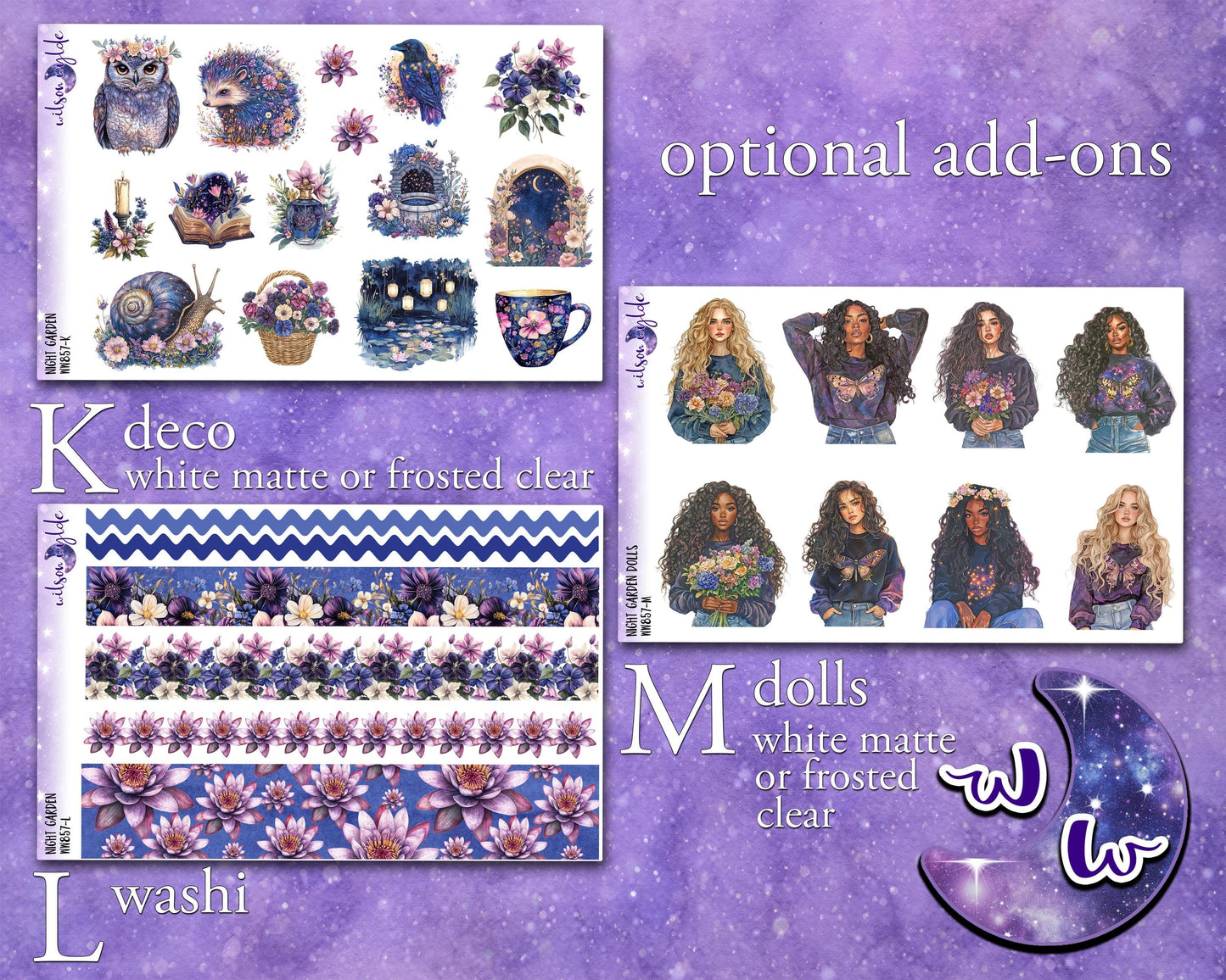 Night Garden weekly sticker kit, STANDARD VERTICAL format, a la carte and bundle options. WW857