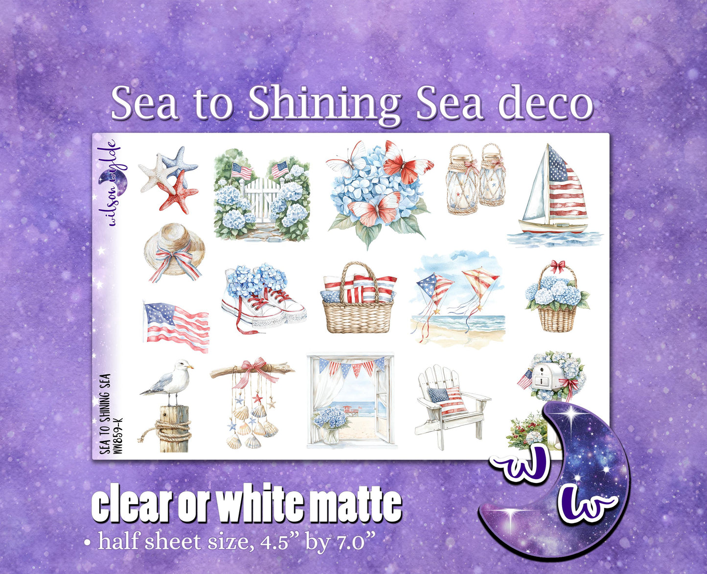 Sea to Shining Sea deco planner stickers, Matte or frosted clear. Patriotic Memorial Independence Day July WW859