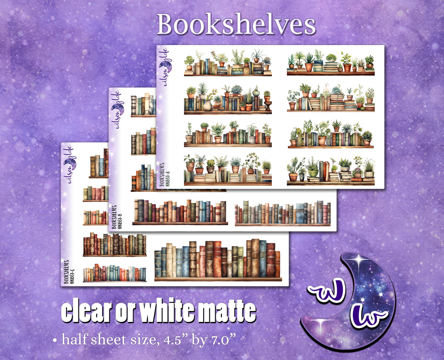 Bookshelves deco planner stickers, Matte or frosted clear. WW861