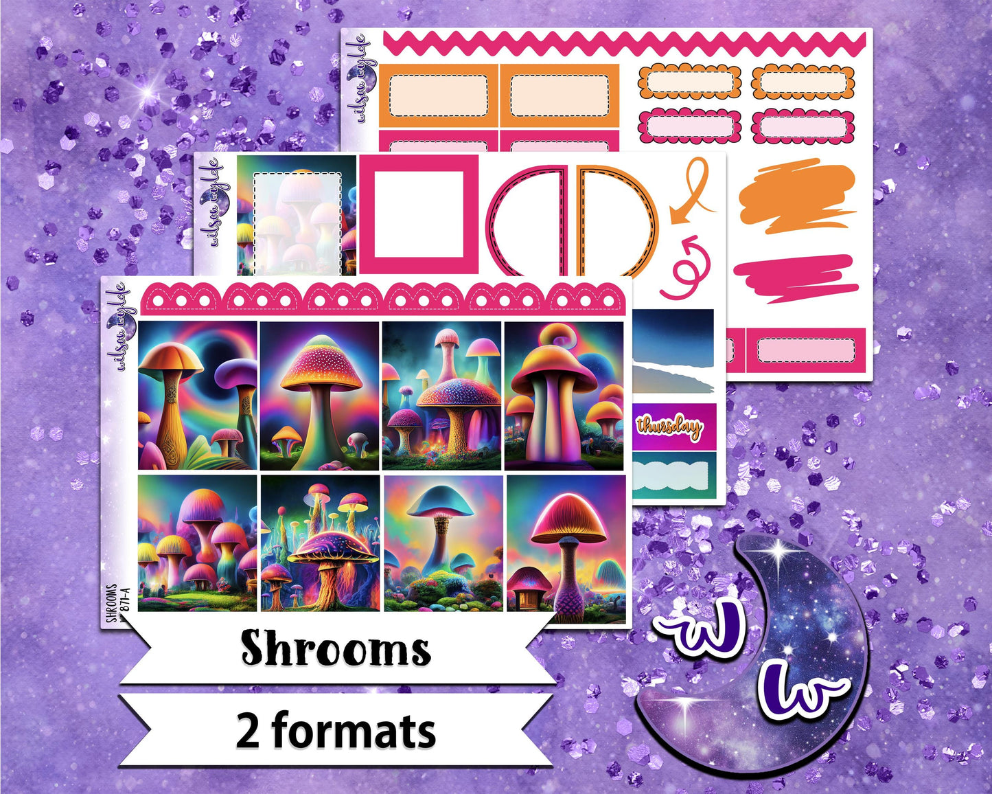 Shrooms mini weekly sticker kit, Cousin or Standard Vertical format, a la carte and bundle options. WW871