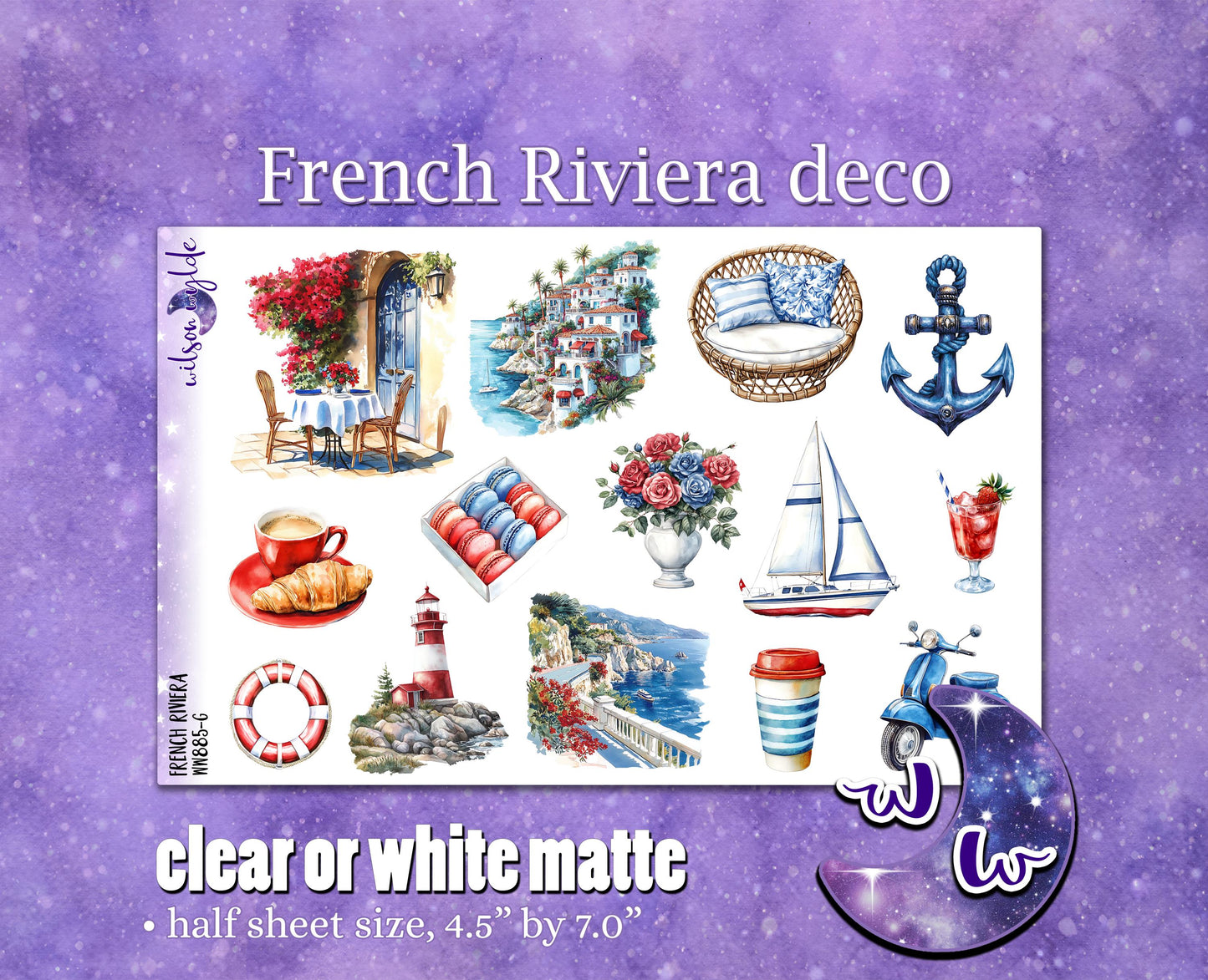 French Riviera deco planner stickers, Matte or frosted clear. WW885