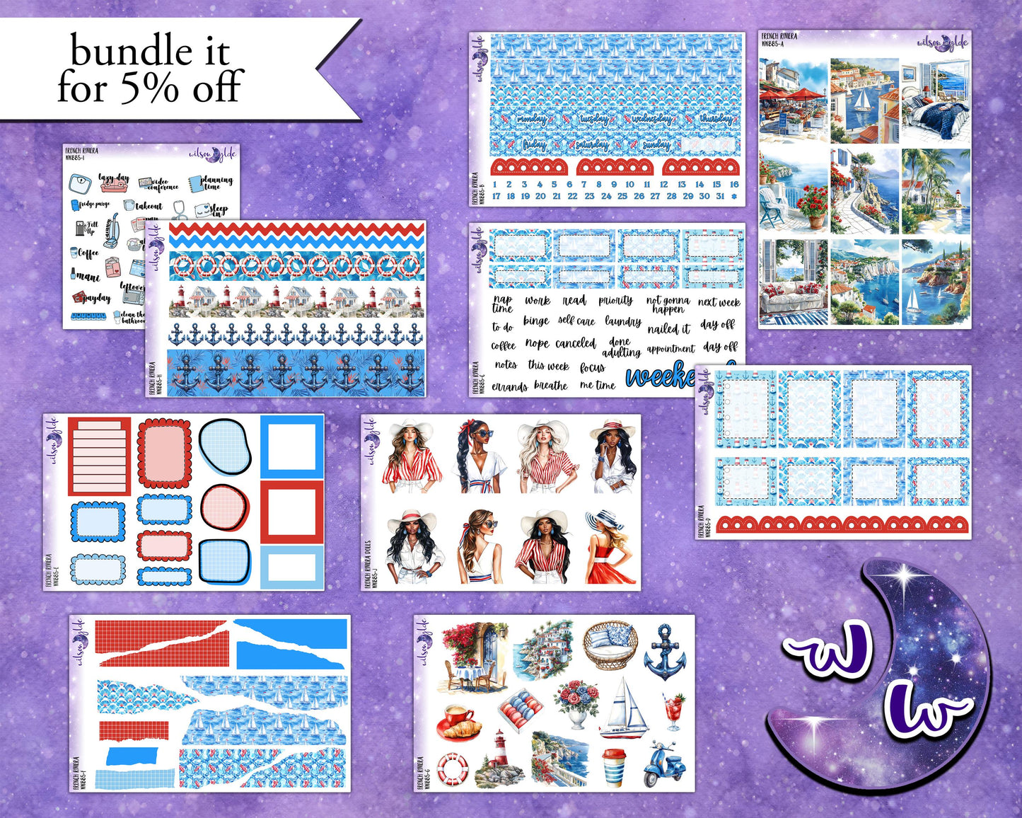 French Riviera weekly sticker kit, STANDARD VERTICAL format, a la carte and bundle options. WW885