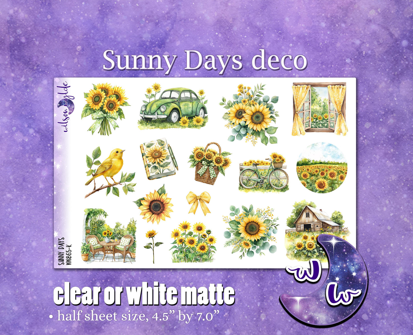 Sunny Days deco planner stickers, Matte or frosted clear. WW865