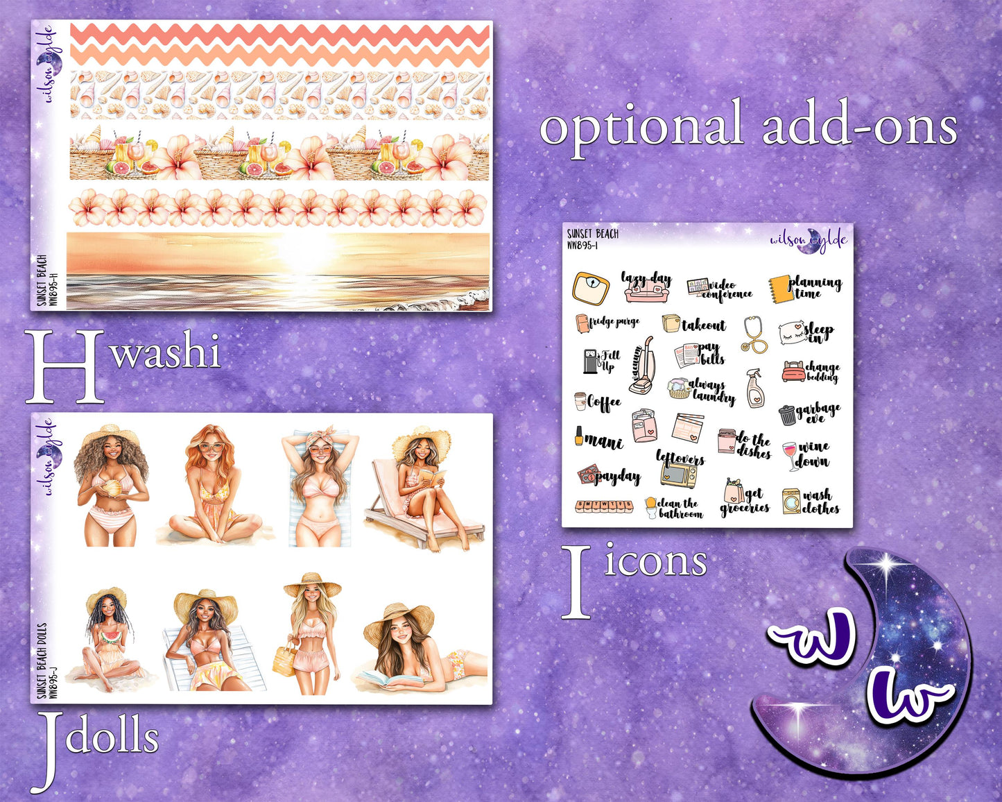 Sunset Beach weekly sticker kit, HOBONICHI COUSIN format, a la carte and bundle options. WW895