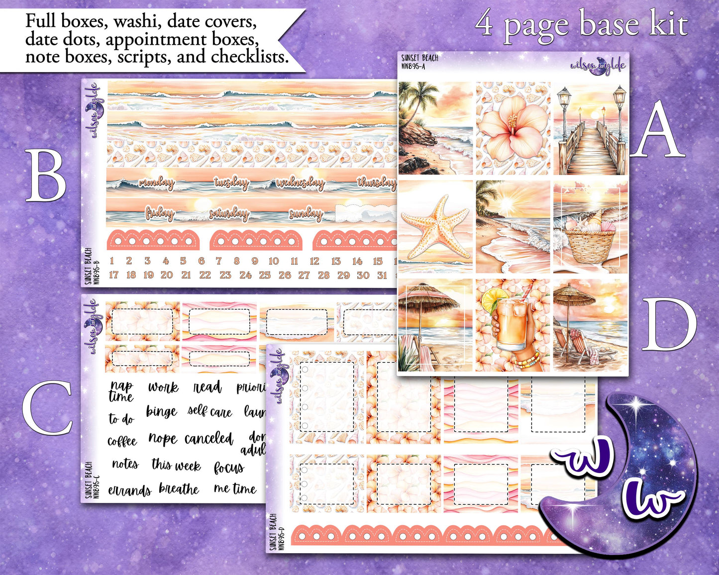 Sunset Beach weekly sticker kit, STANDARD VERTICAL format, a la carte and bundle options. WW895