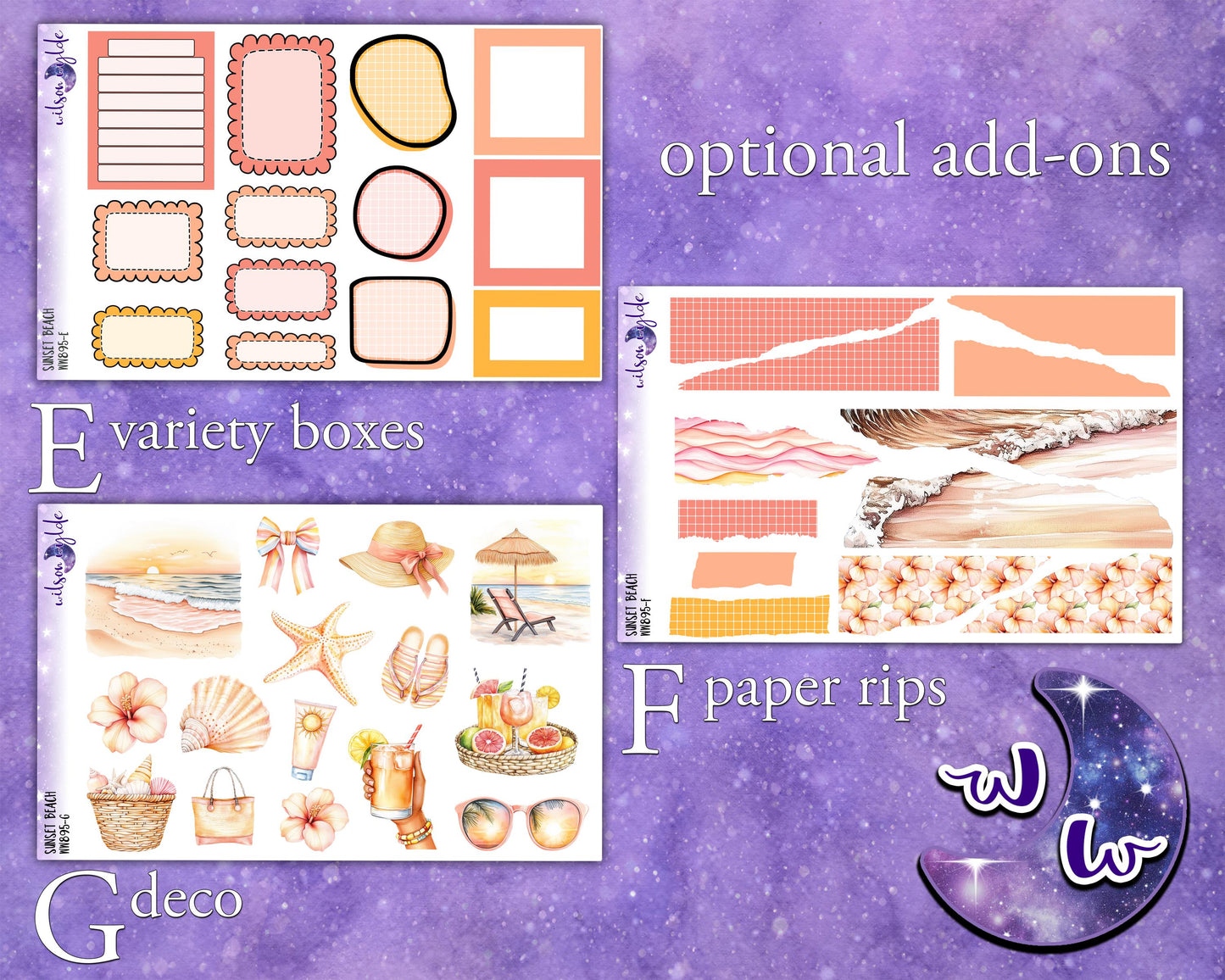 Sunset Beach weekly sticker kit, HOBONICHI COUSIN format, a la carte and bundle options. WW895